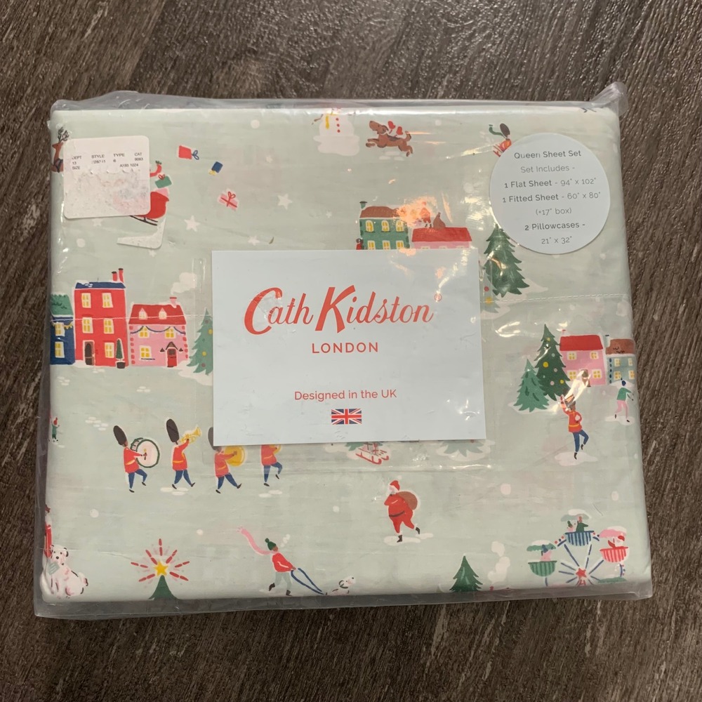 Cath Kidston Queen Sheet Set Snow Day Christmas Village Scene Cotton Holiday New